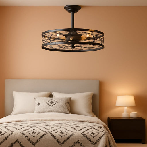 20 Inch Fandelier Caged Ceiling Fan with Light, Bladeless Ceiling Fan with Remote, Farmhouse Fan Lights Ceiling Fixtures for Kitchen, Bedroom, Outdoor(6 Speed, Timing) - Walnut