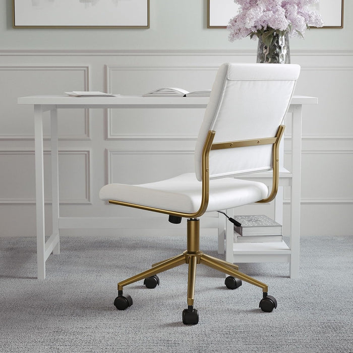 Ivy Armless Swivel Task Chair for Home Office in White Faux Leather with Polished Brass Frame