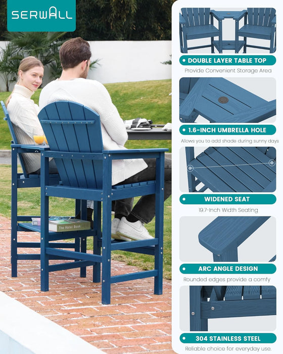 Tall Adirondack Chairs Set of 2 with Double Layer Connecting Tray, HDPE Bar Height Outdoor Chairs, Wood-Like Adirondack Bar Stools for Patio, Balcony, Porch, Blue