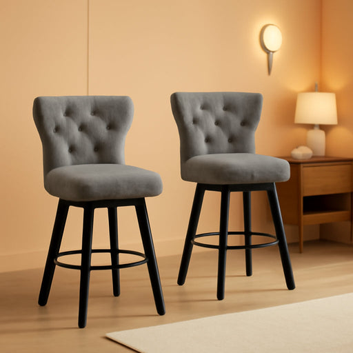 Counter Height Barstools 26 Inch Upholstered Button Tufted Swivel Bar Stools with Back and Wood Legs for Kitchen Island,Set of 2,Grey-Nailhead Trim