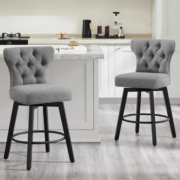 Counter Height Barstools 26 Inch Upholstered Button Tufted Swivel Bar Stools with Back and Wood Legs for Kitchen Island,Set of 2,Grey-Nailhead Trim