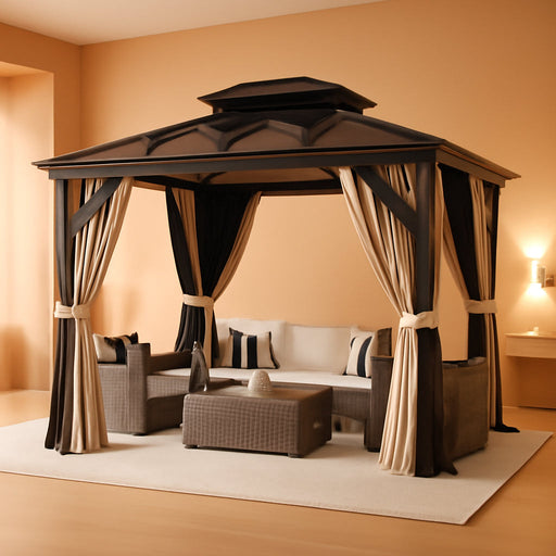 10' X 13' Aluminum Hardtop Gazebo with Double Roof, All-Weather Permanent Outdoor Canopy with Netting & Curtains for Patio, Backyard, Deck, and Lawn