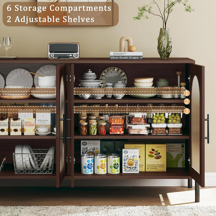 Sideboard Buffet Cabinet with Storage, 55" Modern Sideboard Cabinet with 4 Fluted Arcylic Doors & Adjustable Shelves, Wood Buffet Console Table for Living Room, Kitchen, Dark Walnut