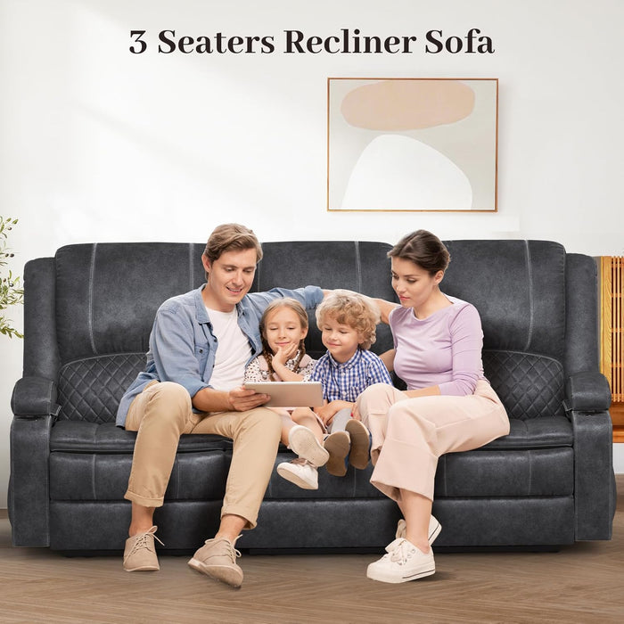 3-Seater Recliner Sofa, Manual Reclining Couch with Multi-Functional Middle Seat, Reclining Sofa for Living Room with Hidden Storage Space, Cup Holders, and Removable Console - Grey