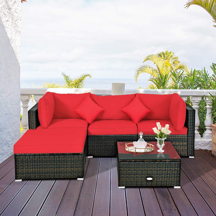 5-Piece Patio Conversation Set - Outdoor PE Rattan Furniture Set W/Glass Coffee Table, Back & Seat Cushions, Soft Pillows, Sectional Sofa Set for Porch, Backyard (Red)