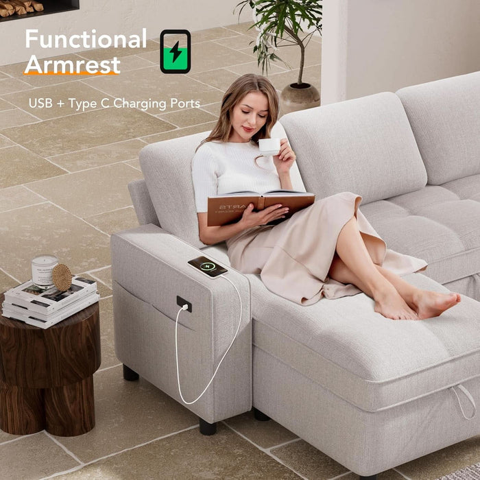 81" Sectional Sleeper Sofa with Pull Out Bed, L Shaped Sleeper Sofa, Pull Out Couch with Reclining Backrest, Reversible Storage Chaise, USB Ports, Tool-Free Assembly, Chenille Beige
