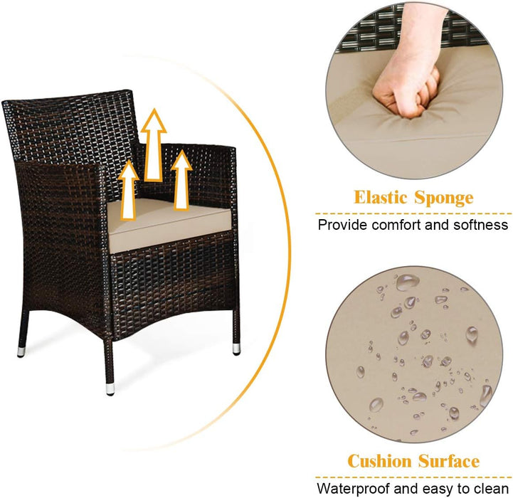 4-PCS Patio Rattan Conversation Set, Outdoor Wicker Furniture Set with Tempered Glass Coffee Table &Thick Cushion, Rattan Chair Wicker Set for Garden, Lawn, Poolside and Backyard (1, Brown)