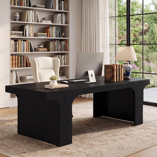 70.9-Inch Executive Desk, Large Wooden Computer Office Desk, Modern Writing Table Business Workspace Home Office Furniture with Arched Design, Black