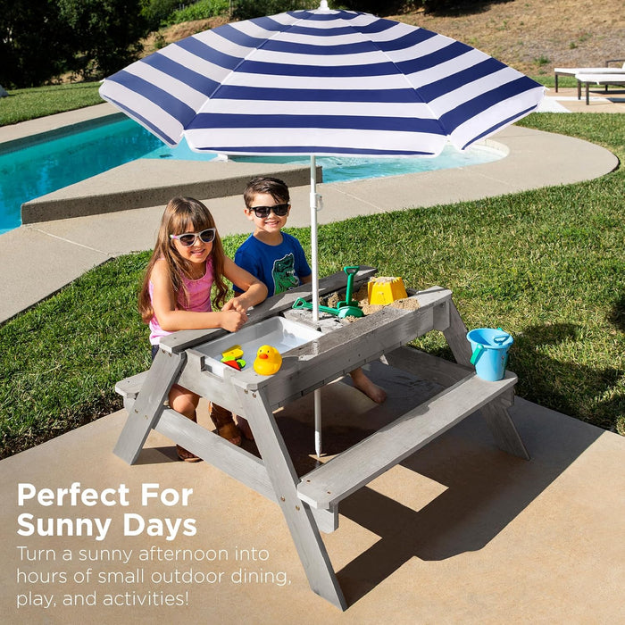 Kids 3-In-1 Sand & Water Table, Wood Outdoor Convertible Picnic Table W/Umbrella, 2 Trays, Removable Top - Gray/Navy