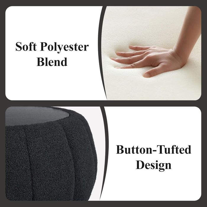 30 Inches Large round Storage Ottoman, Modern Upholstered Ottoman Coffee Table, Wooden Top, Soft Teddy Fabric Surface, for Living Room, Bedroom, Pumpkin Shape, Black