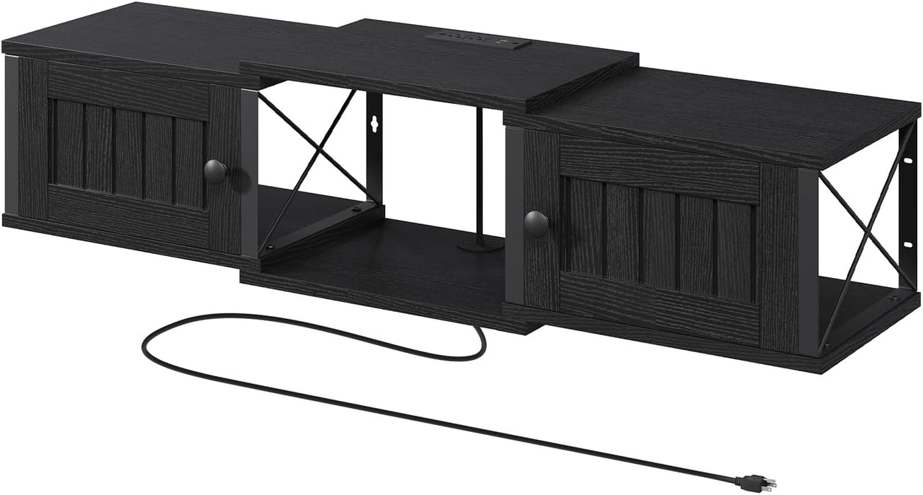 Farmhouse Floating TV Stand with Power Outlet, Wall Mounted Entertainment Center with Doors, Floating Media Console Cabinet with Storage, for Living Room, Bedroom, Black TVBK401E01