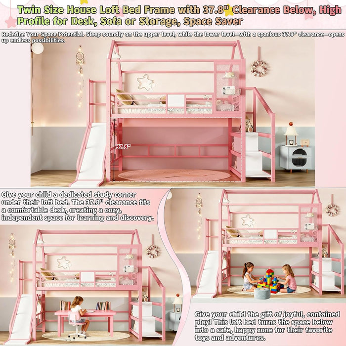 Twin Size Metal Loft Bed With UnderbedStorageShelves