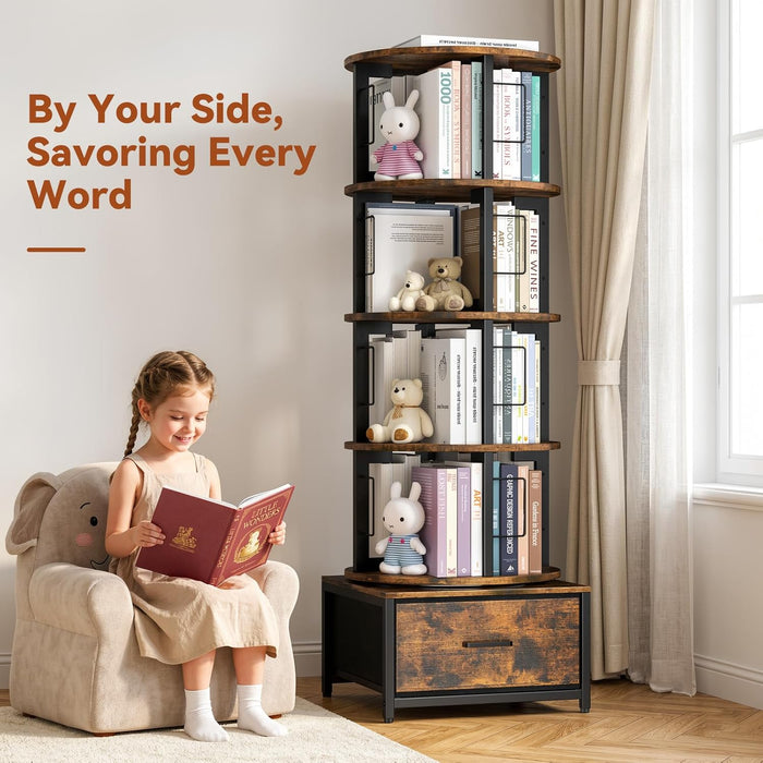 5 Tier Rotating Bookshelf Tower with Storage, Rustic Brown | 360° Spinning Bookcase with Fabric Drawer, round Revolving Book Shelf Organizer, Narrow Swivel Bookshelves for Small Space