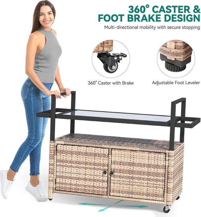 Large Outdoor Kitchen Wicker Island Rolling Cart & Patio Bar Table, W/Wheels and Black Glass Table Top Backyard and Poolside Light Brown