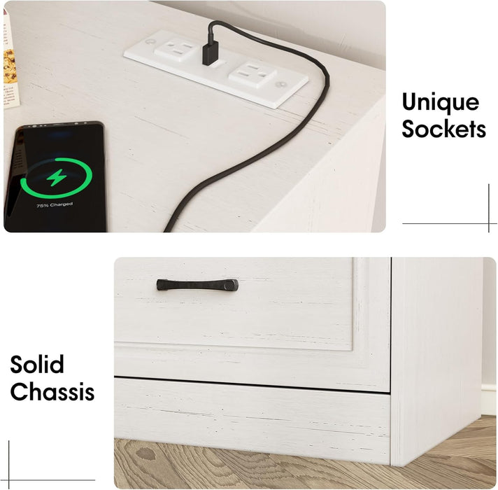 Dresser for Bedroom, 6 Drawer Wide Dresser Organizer with Charging Station for Hallway with Metal Handles, Woodgrain White