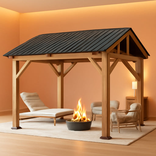 10X12 Ft Spruce Wood Gazebo, Hardtop Pergola with Metal Steel Roof, Outdoor Gazebo with Guest House for Garden, Porch, Patio, Black + Natural Wood