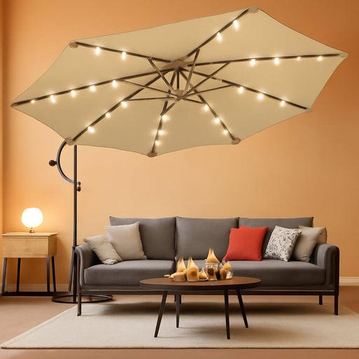 10Ft Solar LED Offset Patio Umbrella, Outdoor Cantilever Patio Umbrellas with Solar Lights for Backyard, Poolside and Garden, Easy Tilt Adjustment, 32 LED Lights & Polyester Shade, Tan