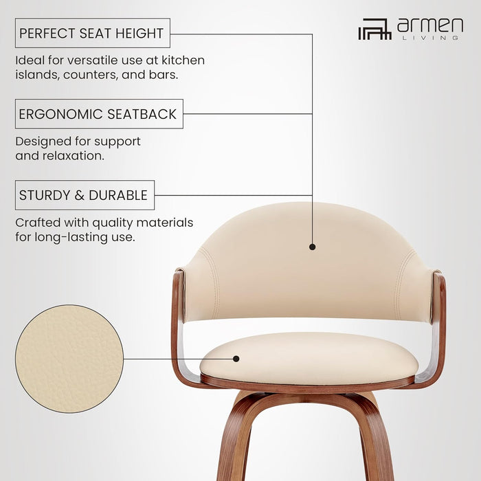 Daxton Mid Century Modern Swivel Bar Stool for Kitchen Island Counter in Cream Faux Leather and Walnut Wood, 30" Seat Height