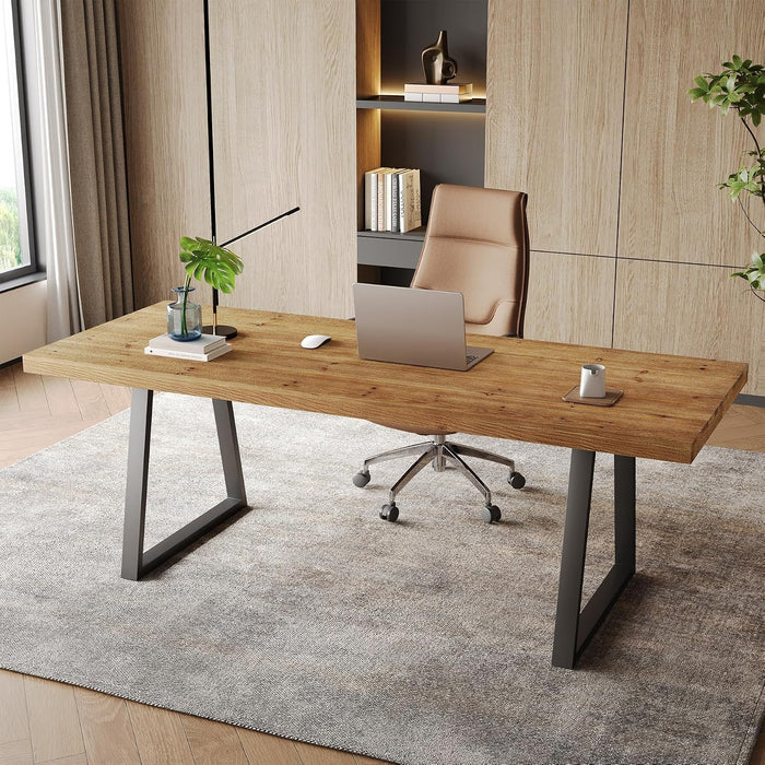 63" Industrial Executive Desk, Solid Wood Computer Laptop Desk with Strong Metal Legs, Study Writing Table Business Workstation for Home Office, Small Conference Table