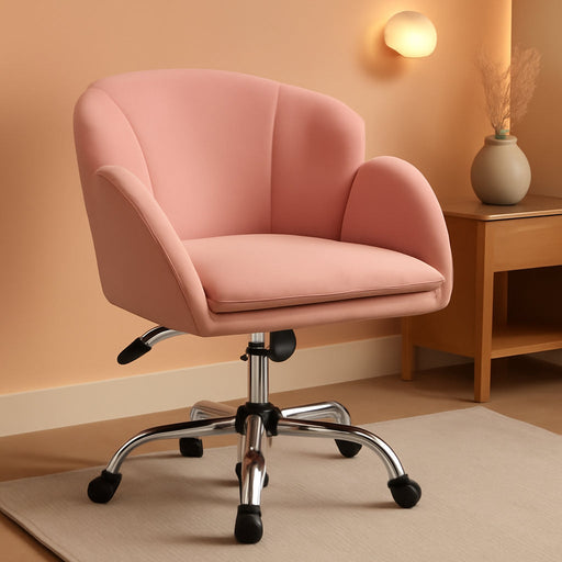 Pink Desk Chair Cute Velvet Chair for Home Office, Vanity Chair with Wheels Armrests Modern Swivel Rolling Chair for Bedroom