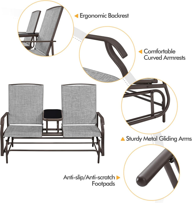 2-Seat Outdoor Glider with Center Table, Patio Rocking Loveseat with Breathable Mesh Sturdy Metal Frame for Garden Pool Lawn