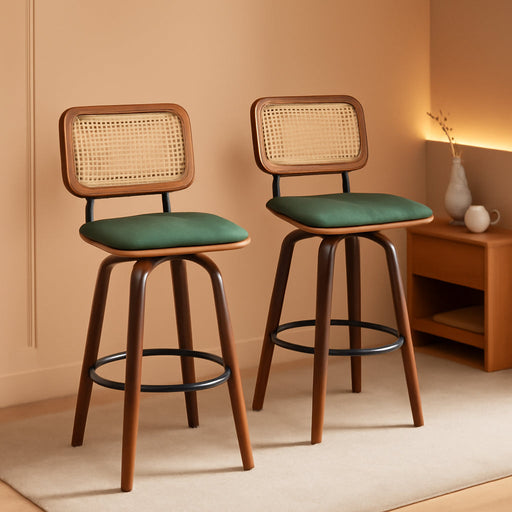 Swivel Bar Height Stools, Mid Century Modern Bar Stools with Curved Back | Solid Bentwood Frame, Walnut Finish, Cane Back, PU Leather Upholstered Seat, Kitchen Barstools for Bar, Cafe, Pub, Restaurant