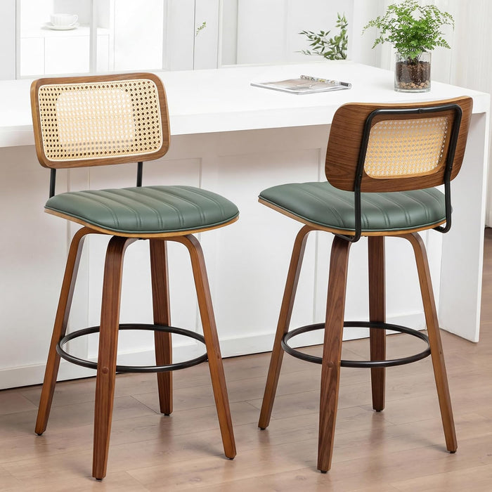 Swivel Bar Height Stools, Mid Century Modern Bar Stools with Curved Back | Solid Bentwood Frame, Walnut Finish, Cane Back, PU Leather Upholstered Seat, Kitchen Barstools for Bar, Cafe, Pub, Restaurant