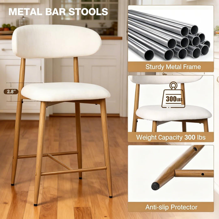 Counter Height Bar Stools Set of 3, Upholstered Counter Stools Modern Barstools with Metal Legs for Kitchen Island Dining Room, Wood-Grain