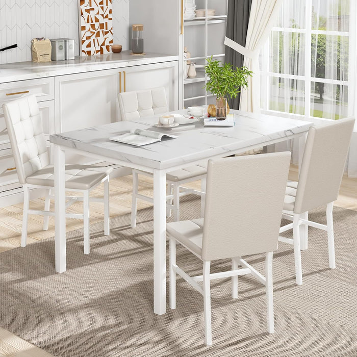 Snow White MarblePatterned Dining Table Set FivePiece