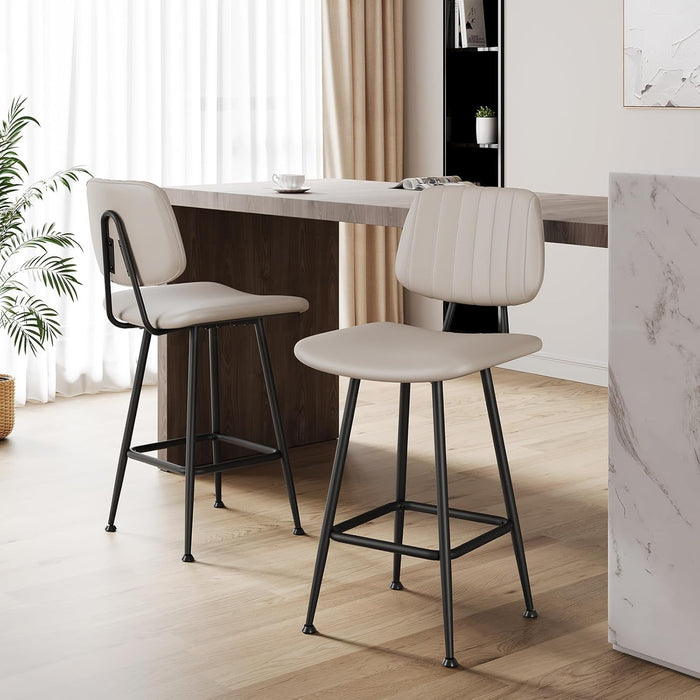 24-Inch Leather Bar Stools Set of 2 with High Backrest, Beige