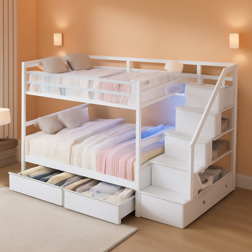 Bunk Bed Full over Full with Stairs, LED Lights Full Bunk Beds with 2 Storage Drawers & 6 Fabric Drawers, Metal Full Loft Beds with Safety Guardrail & Stairs, Space Saving, White