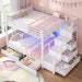 Bunk Bed Full over Full with Stairs, LED Lights Full Bunk Beds with 2 Storage Drawers & 6 Fabric Drawers, Metal Full Loft Beds with Safety Guardrail & Stairs, Space Saving, White