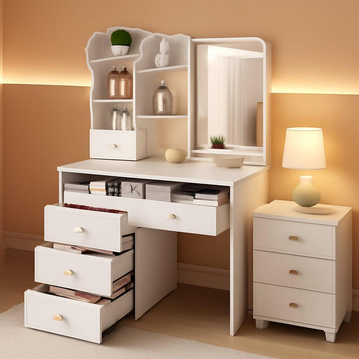 White Makeup Vanity Desk with Hidden Mirror, 31.5 Inch Dressing Table with 5 Drawers, 3 Color Adjustable LED Lights, No Stool Included