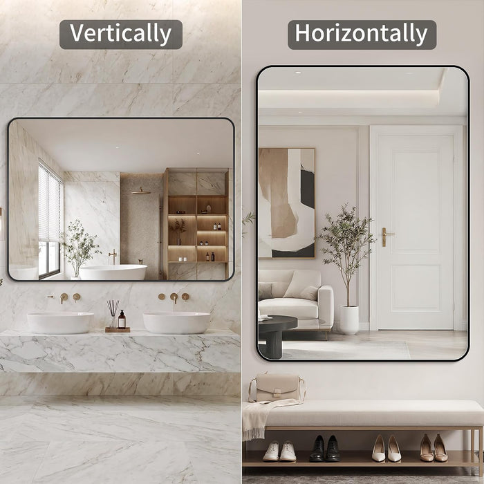 Bathroom Mirror, 30X36 Inch Black Metal Framed Mirror for Bathroom, Tempered Glass, Anti-Rust, Rounded Rectangle Mirror for Restroom, Bedroom, Black
