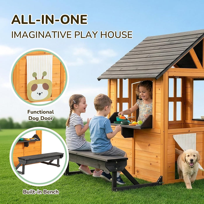 Kids Outdoor Playhouse with Dog Door, Wooden Toddler outside Play Kitchen W/Picnic Bench, Flower Pot, Cookware & Windows for Garden, Backyard, Indoor Playroom, Ages 3-8 (Natural)