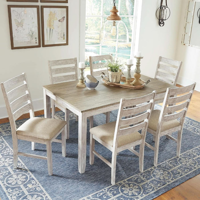 Skempton Cottage Dining 7 Piece Set – Rectangular Table & 6 Upholstered Chairs | Coastal Chic Meets Farmhouse, Whitewash