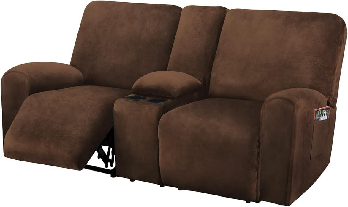 Reclining Love Seat with Middle Console Slipcover, 8-Piece Velvet Stretch 2 Seat Loveseat Recliner Cover, Thick Soft, Washable (Chocolate)