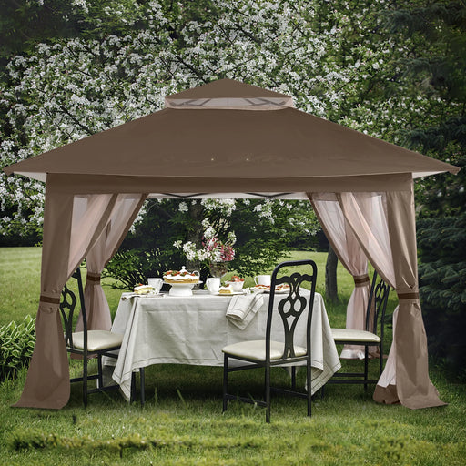 13'X13' Gazebo Tent Outdoor Pop up Gazebo Canopy Shelter with Mosquito Netting, Brown