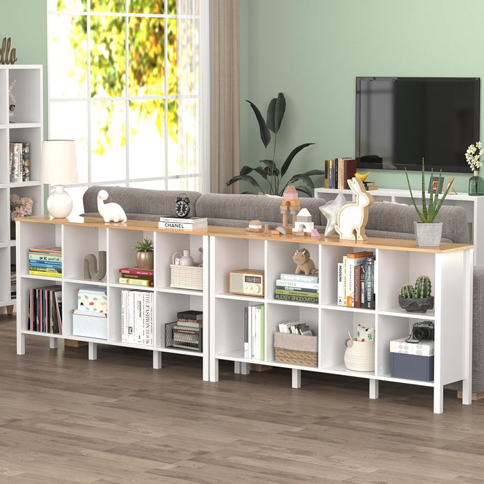 8-Cube Bookcase, Farmhouse Wooden Bookshelf Low Storage Organizer, 59" Horizontal White Console with Legs, Hallway Book Case for Entryway, Display Cabinet for Living Room (White, 8-Cube)