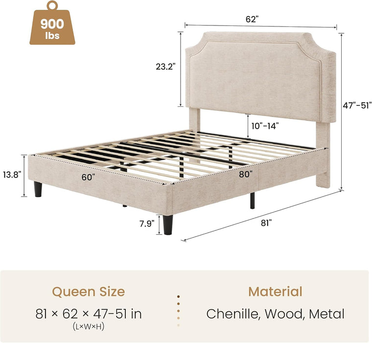 Chenille Queen Size Bed Frame with Belgrave Headboard, Beige