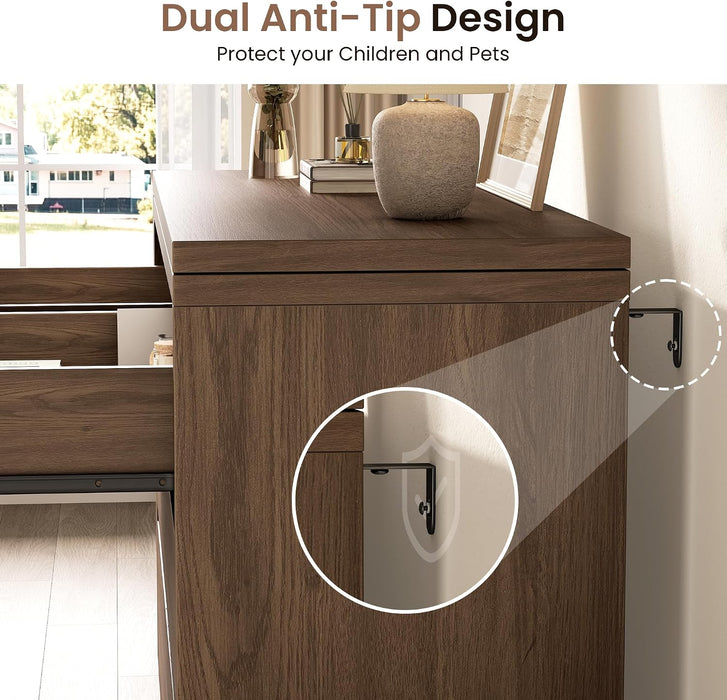 6 Drawer Double Dresser for Bedroom, L Shaped Modern Simply Chest of Drawers, Wood Storage Corner Dresser with Anti-Tipping for Living Room Entryway Home Office, Walnut