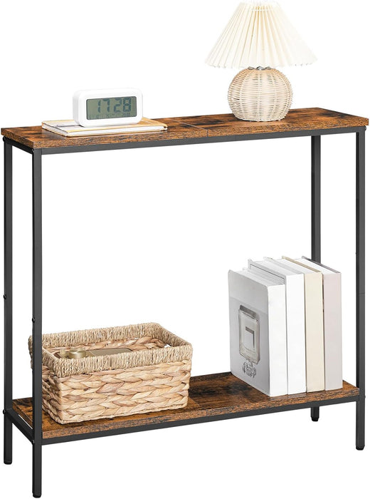 29.5" L Narrow Console Table, Sofa Table behind Couch with 2-Tier Storage Display Shelves, 8.7" D Small Entryway Table for Hallway, Foyer, Living Room, Bedroom, Rustic Brown and Black BF22XG01