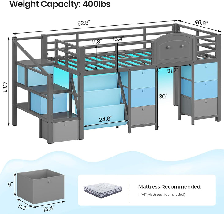 Twin Charcoal Grey Loft Bed IntegratedStorageSystem Drawers