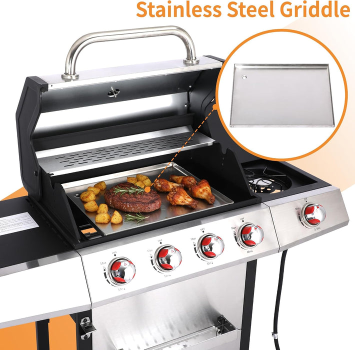 5-Burner Propane Gas Grill W/Side Burner & Charcoal Tray, 4-In-1 Outdoor BBQ Griddle Combo, Heavy Duty Stainless Steel Double Lid, 448 Sq in Cast Iron Cooking Surface for Backyard Patio