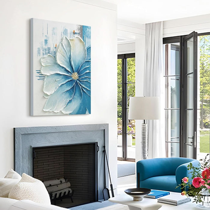 Hand-Painted Blue Floral Canvas Wall Art, 24X36 in Thick Textured Abstract Oil Painting, Vertical Modern Artwork for Living Room, Bedroom, Office, Large Original Wall Decor