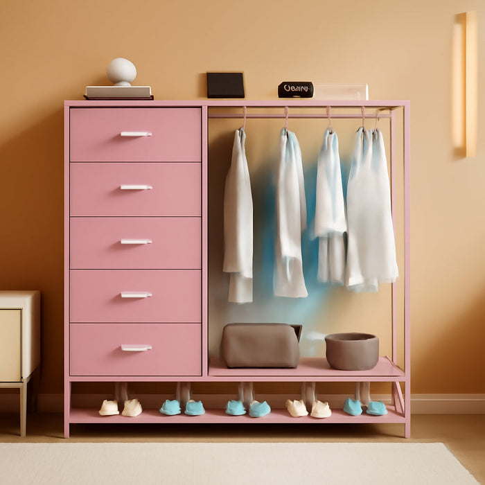 Dresser for Bedroom, Dresser with Hanging Rack Led Lights and Charging Station, Tall Dresser with 5 Fabric Chest of Drawers with PU Finish Storage Organizer, for Living Room Kids Room Closet, Pink