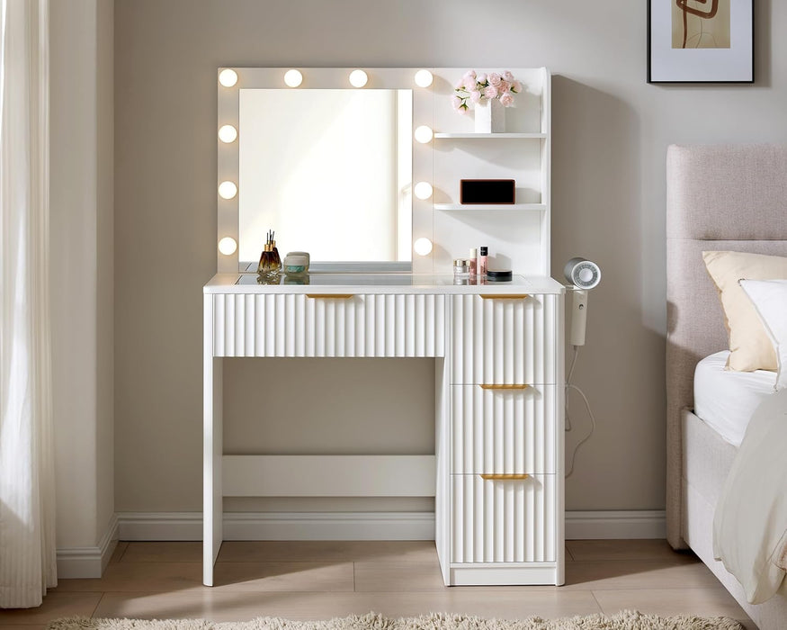 36Inch ElegantFluted White Vanity Desk With LEDMirror