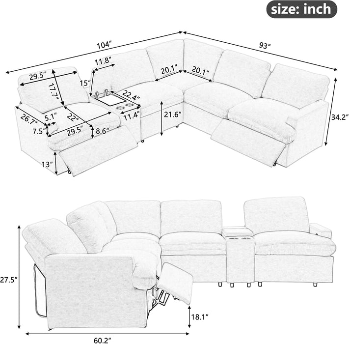 Modern Power Reclining Sectional Sofa with USB