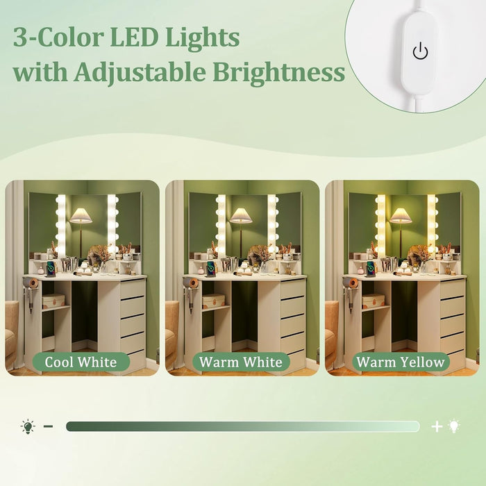 Corner Vanity Desk with Mirror and Lights, White Makeup Vanity Table with 5 Drawers, Storage Shelves, Charging Station, 3 Lighting Modes, Compact Vanity Dressing Table for Small Space