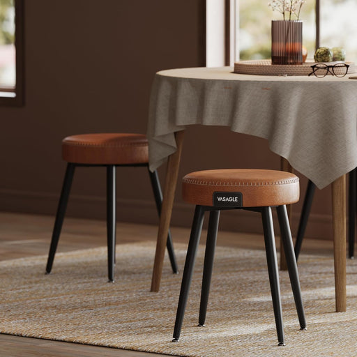 EKHO Collection - Dining Chairs Stools Set of 2, Upholstered Kitchen Stools, Vanity Stools, Synthetic Leather with Stitching, Mid-Century Modern, 19-Inch Tall, Easy Assembly, Caramel Brown